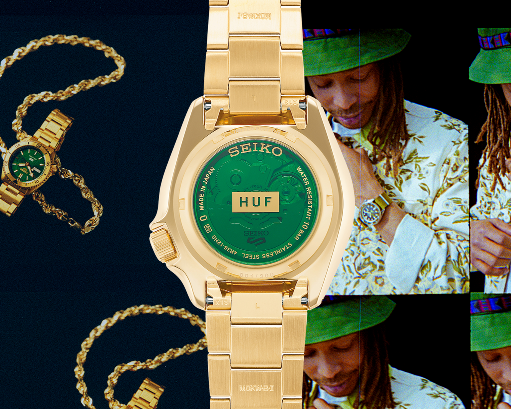 Seiko 5 Sports HUF Limited Edition Green Dial Gold Steel Strap Watch For Men - SRPJ20