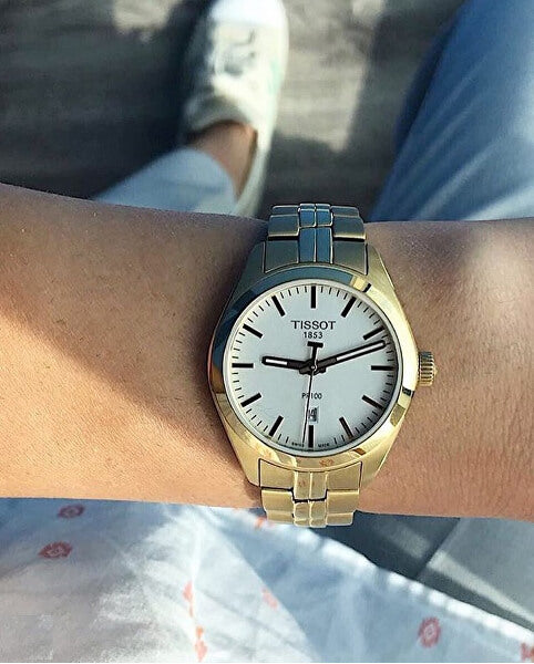Tissot T Classic PR 100 Lady White Dial Gold Steel Strap Watch for Women - T101.210.33.031.00
