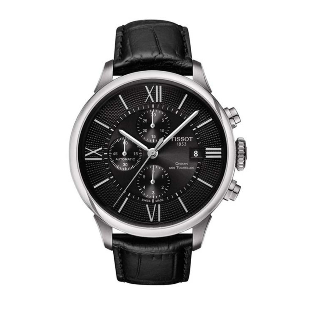 Tissot T Classic Chemin Des Tourelles Chronograph Black Dial Black Leather Strap Watch For Men - T099.427.16.058.00