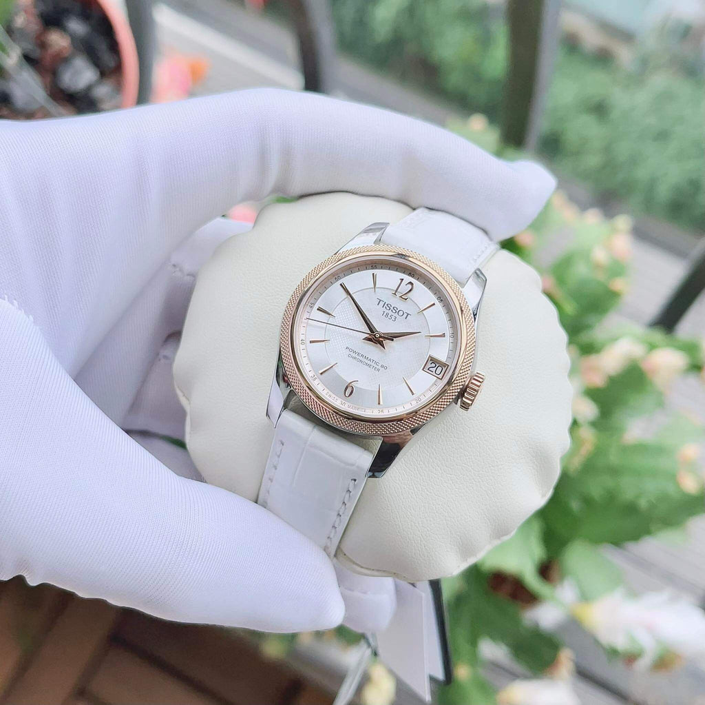 Tissot T-Classic Powermatic 80 Mother of Pearl Silver Dial White Leather Strap Watch For Women - T108.208.26.117.00