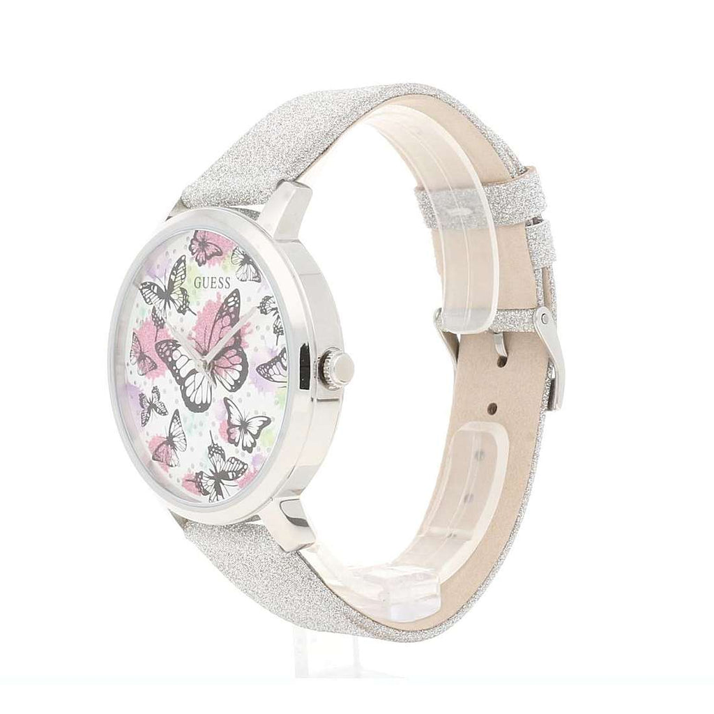 Guess Sparkle Butterfly White Dial Silver Leather Strap Watch For Women - GW0008L1