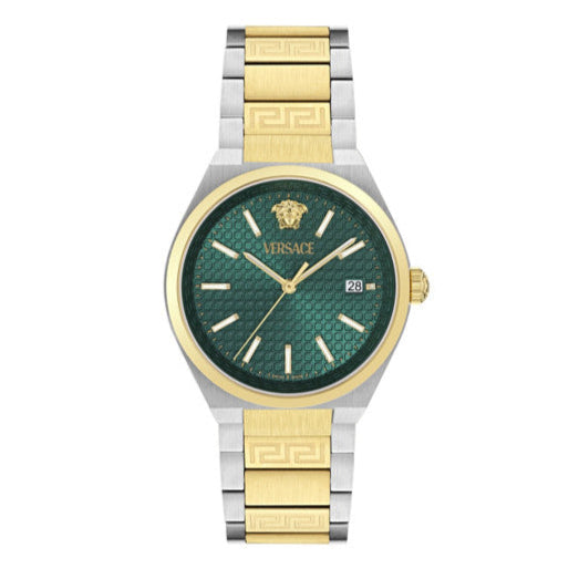 Versace V-Auria Quartz Green Dial Two Tone Steel Strap Watch for Men - VE0F00425
