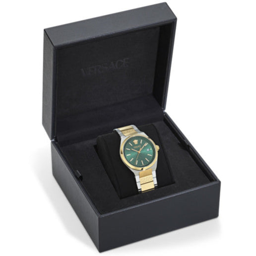 Versace V-Auria Quartz Green Dial Two Tone Steel Strap Watch for Men - VE0F00425