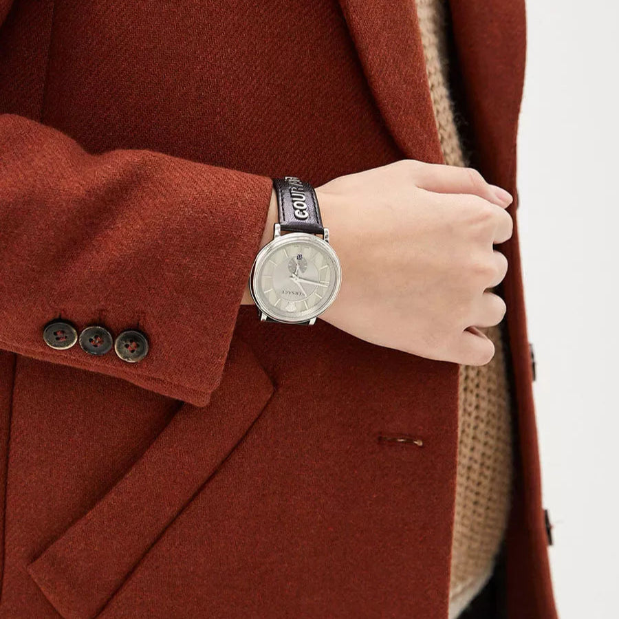 Versace V-Circle Black Manifesto Courage Quartz Silver Dial Black Leather Strap Watch for Men - VBQ080017