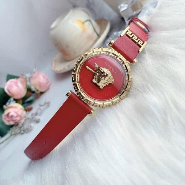 Versace Palazzo Empire Greca Red Dial Red Leather Strap Watch for Women - VEDV00319