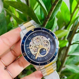 Fossil Grant Sport Automatic Skeleton Blue Dial Two Tone Steel Strap Watch for Men - ME3141