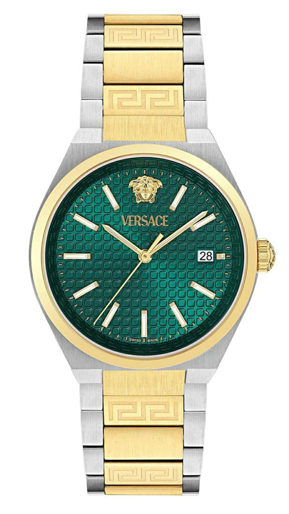 Versace V-Auria Quartz Green Dial Two Tone Steel Strap Watch for Men - VE0F00425