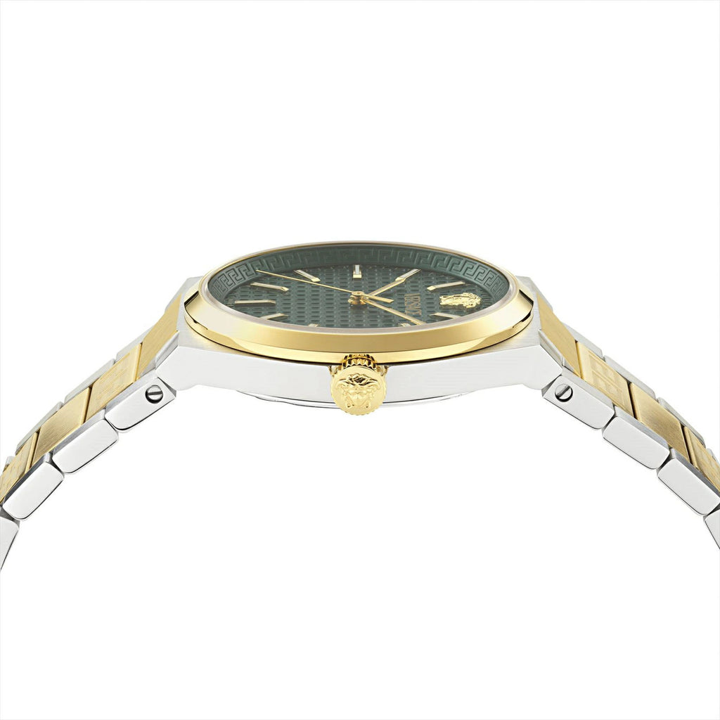 Versace V-Auria Quartz Green Dial Two Tone Steel Strap Watch for Men - VE0F00425