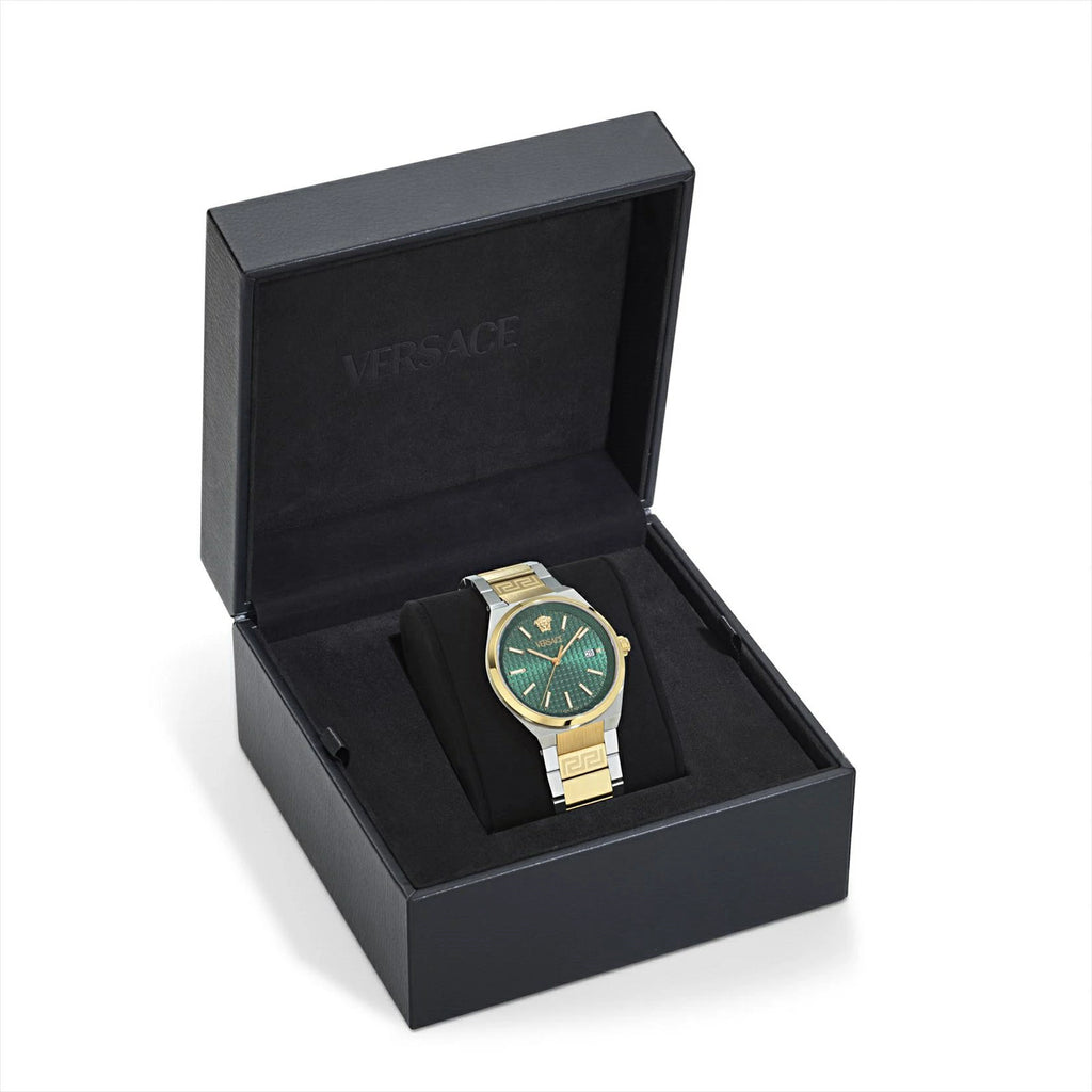 Versace V-Auria Quartz Green Dial Two Tone Steel Strap Watch for Men - VE0F00425