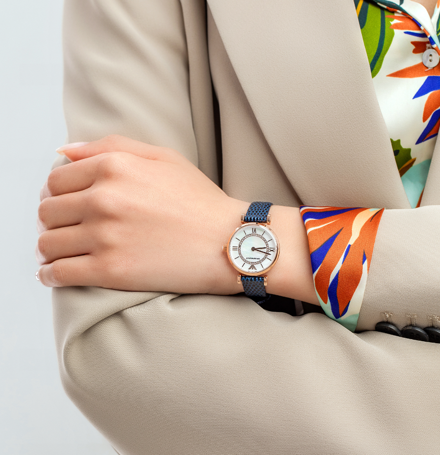 Emporio Armani Gianni T-Bar Analog Mother of Pearl Dial Blue Leather Strap Watch For Women - AR11468