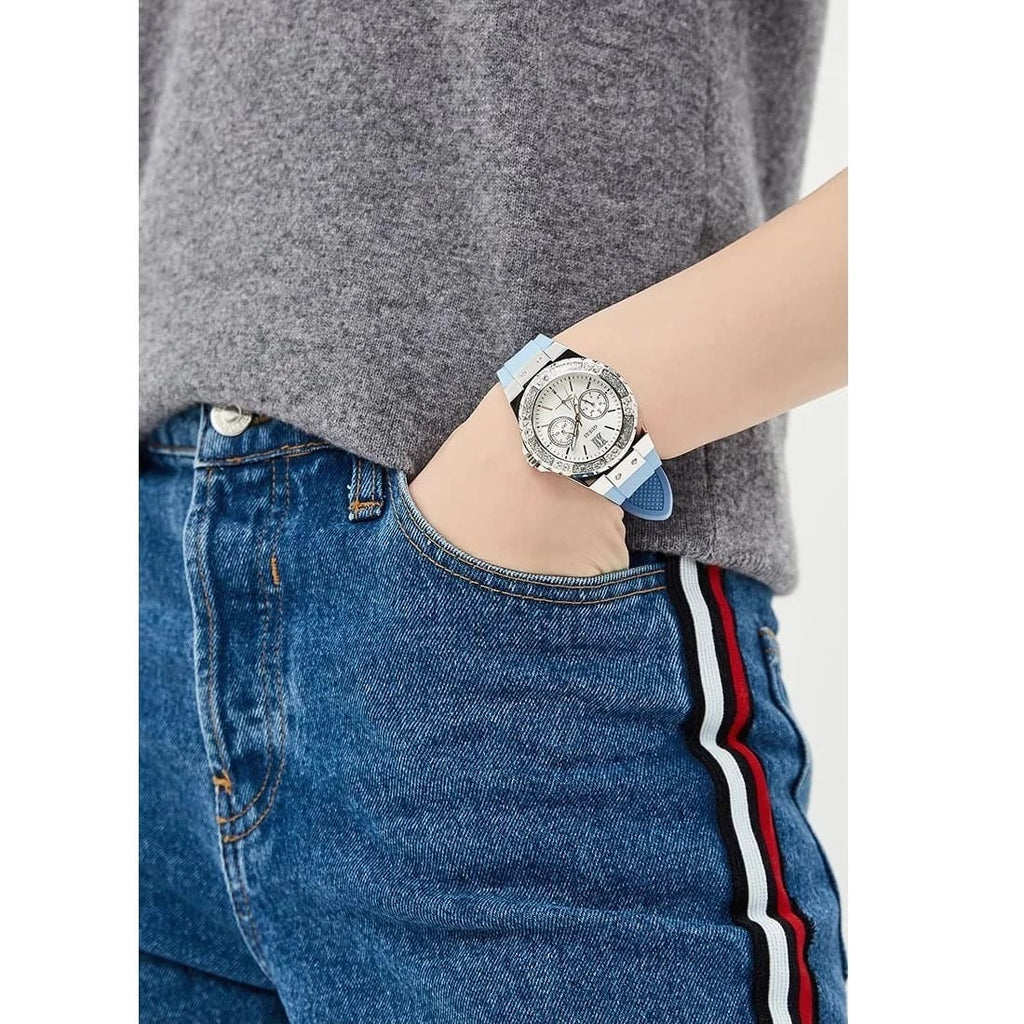 Guess Limelight Crystals White Dial Blue Rubber Strap Watch for Women - W1053L5