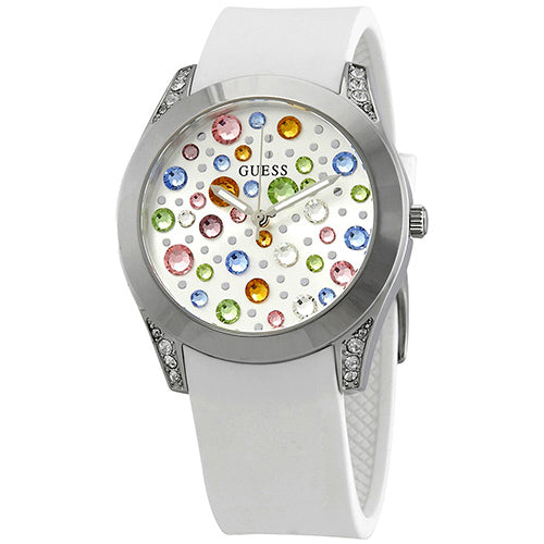 Guess Wanderlust Crystals Silver Dial White Rubber Strap Watch For Women - W1059L3