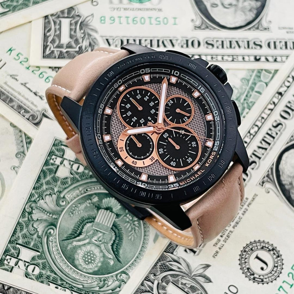 Michael Kors Ryker Chronograph Black Dial Beige Leather Strap Watch For Men - MK8520