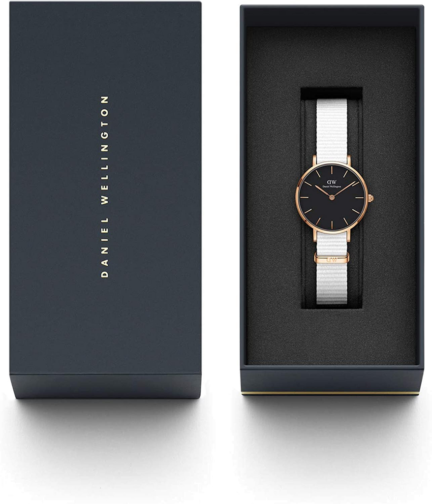 Daniel Wellington Classic Petite Dover Black Dial White NATO Strap Watch For Women - DW001000314