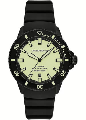 Emporio Armani Sea Explorer Automatic Yellow Dial Black Silicone Strap Watch For Men - AR60085
