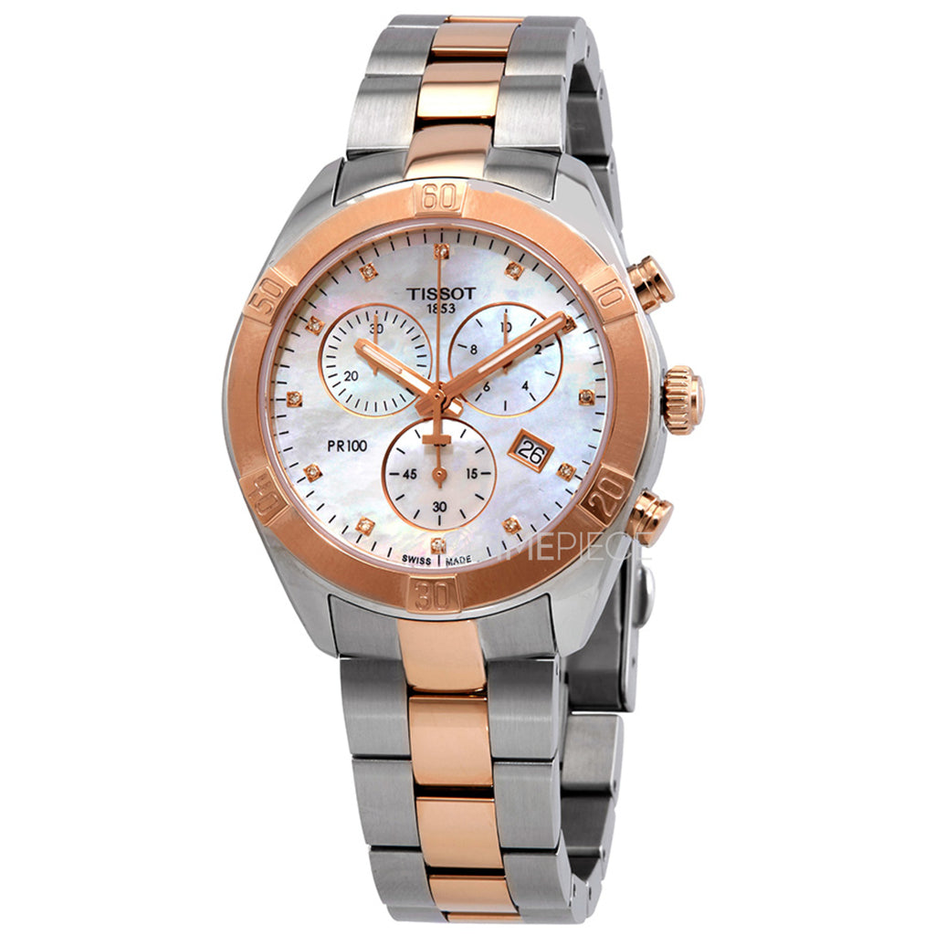 Tissot PR 100 Sport Chic Chronograph Diamonds Mother of Pearl Dial Two Tone Steel Strap Watch for Women - T101.917.22.116.00