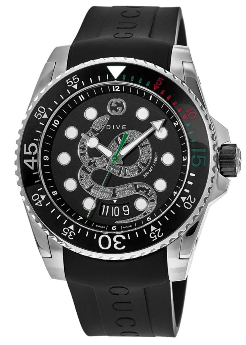 Gucci Dive Quartz Kingsnake Black Dial Black Rubber Strap Watch For Me