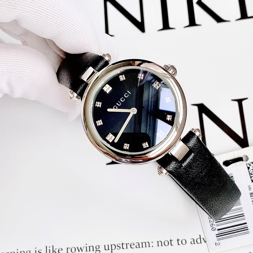 Gucci Diamantissima Diamonds Black Dial Black Leather Strap Watch For Women - YA141403