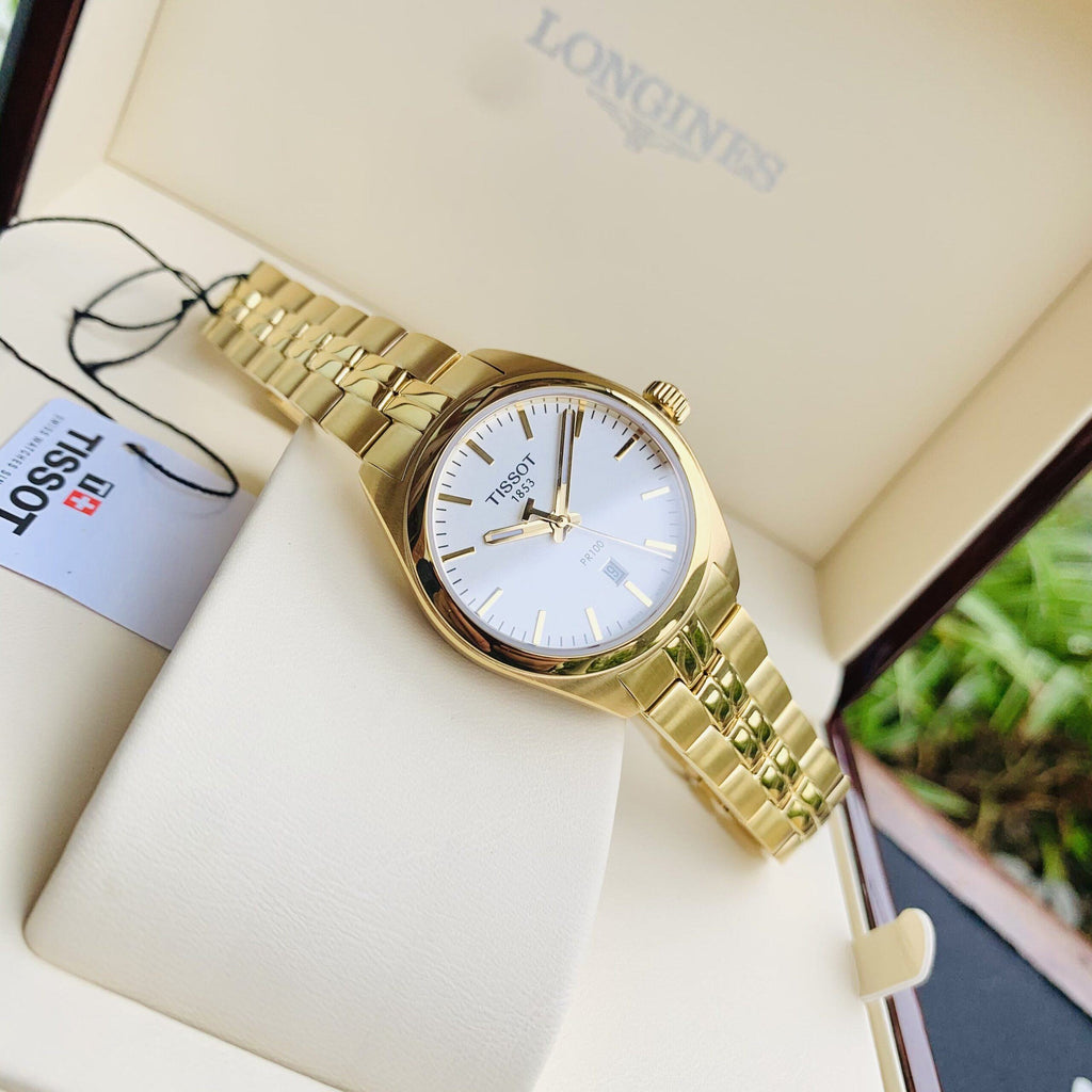 Tissot T Classic PR 100 Quartz White Dial Gold Steel Strap Watch for Men - T101.410.33.031.00