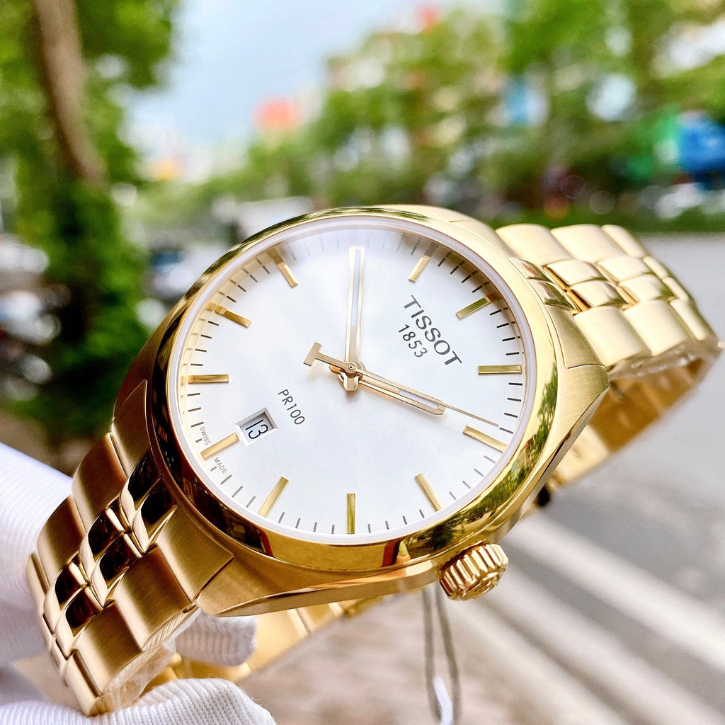 Tissot T Classic PR 100 Quartz White Dial Gold Steel Strap Watch for Men - T101.410.33.031.00