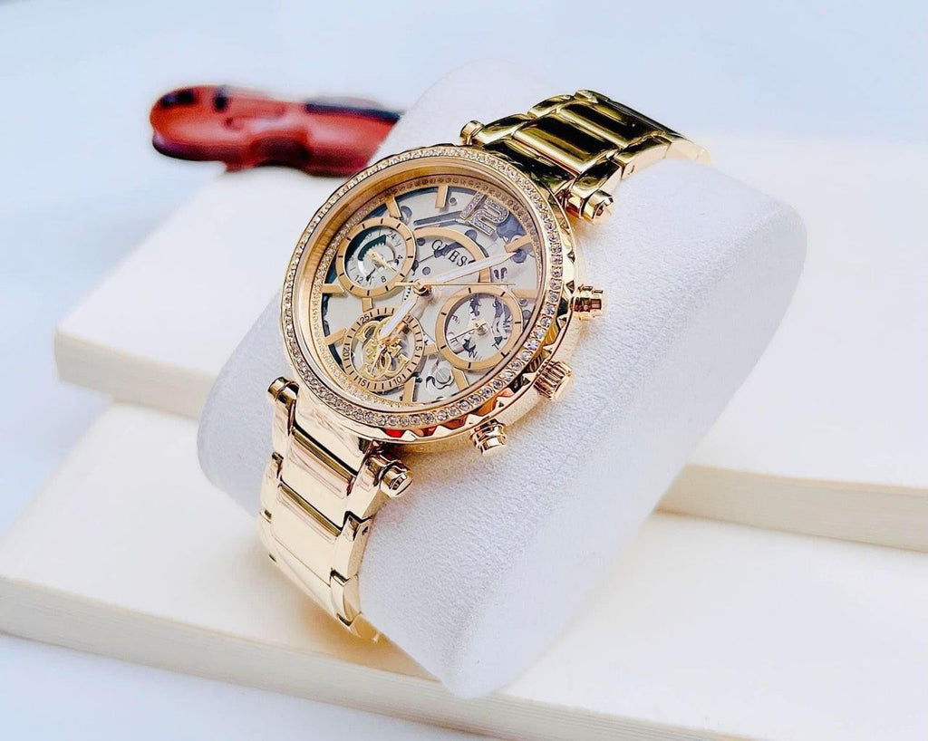 Guess Solstice Diamonds Gold Dial Gold Steel Strap Watch for Women - GW0403L2