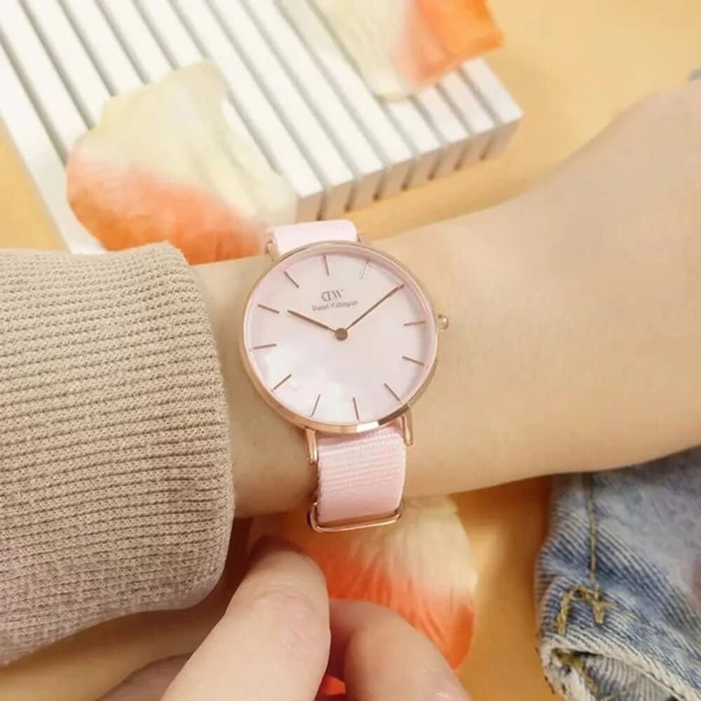 Daniel Wellington Petite Mother of Pearl Pink Dial Pink Nylon Strap Watch For Women - DW00100512