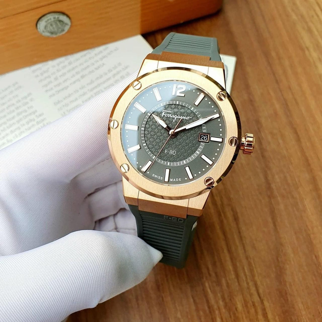 Salvatore Ferragamo F-80 Classic Green Dial Green Rubber Strap Watch for Men - SFHY02022