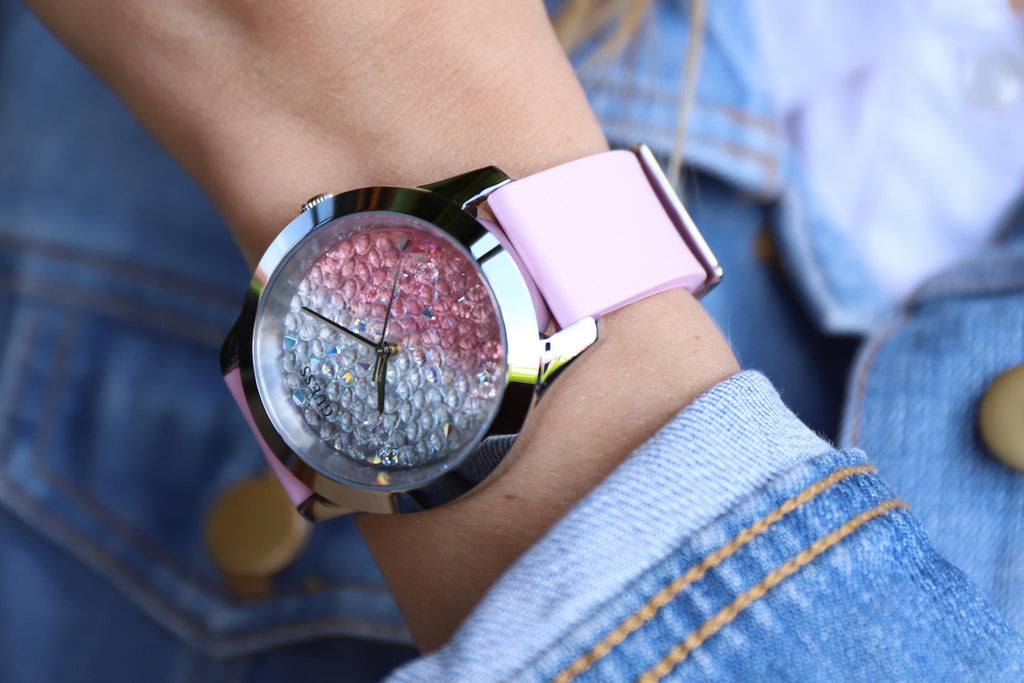 Guess Crush Crystals Silver Dial Pink Rubber Strap Watch for Women - W1223L1
