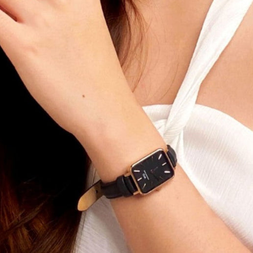 Daniel Wellington Quadro Sheffield Black Dial Black Leather Strap Watch For Women - DW00100435