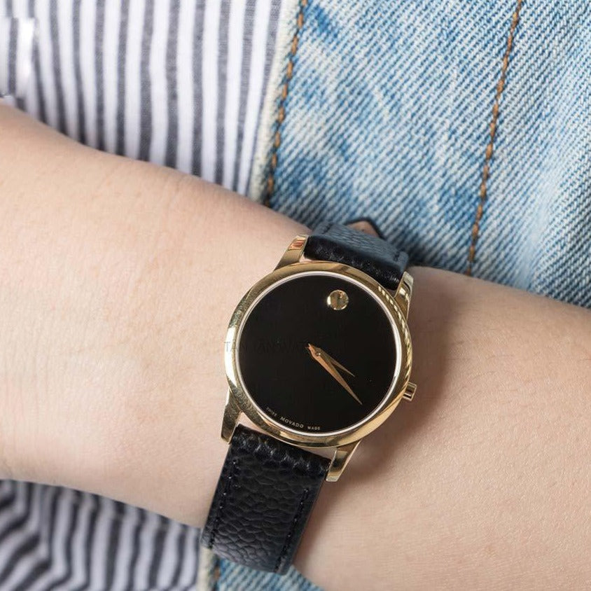 Movado Museum Classic Black Dial Black Leather Strap Watch For Women - 0607016