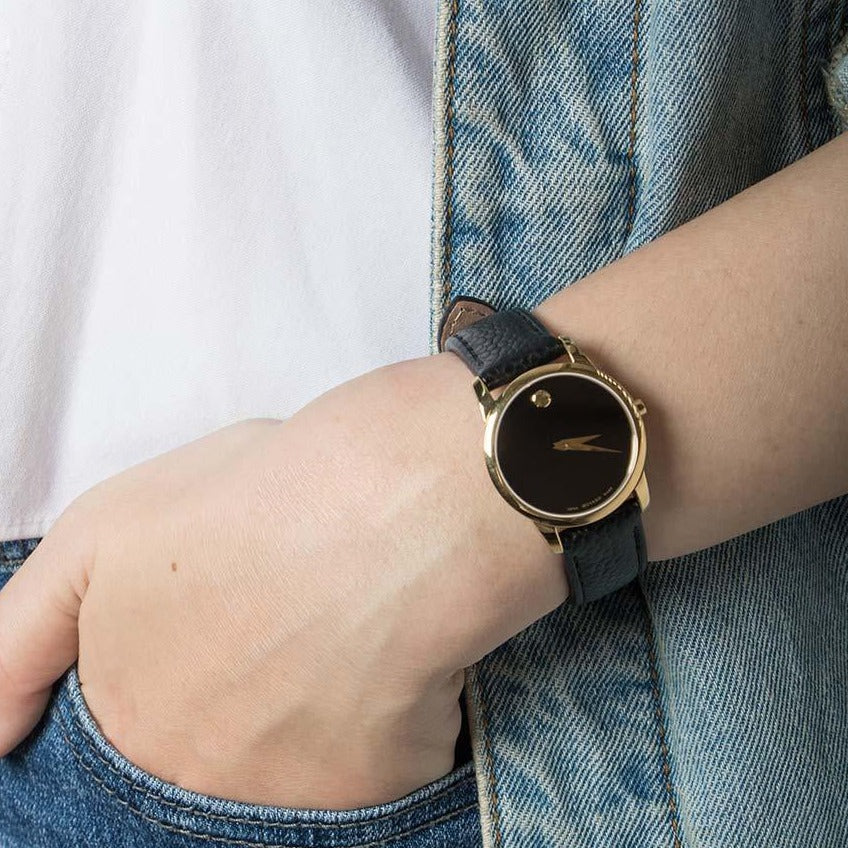 Movado Museum Classic Black Dial Black Leather Strap Watch For Women - 0607016