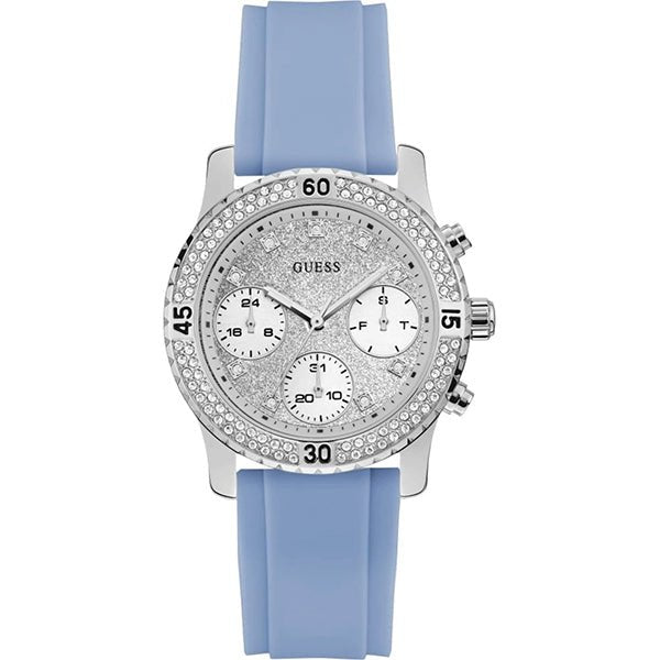 Guess Confetti Crystal Silver Dial Blue Rubber Strap Watch For Women - W1098L3