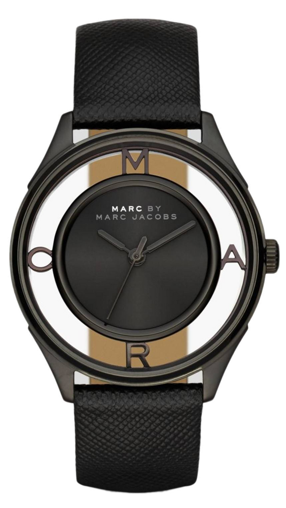 Marc Jacobs Tether Transparent Black Dial Black Leather Strap Watch for Women - MBM1379