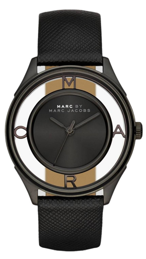 Marc Jacobs Tether Transparent Black Dial Black Leather Strap Watch for Women - MBM1379