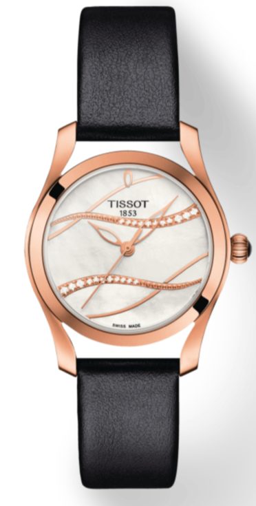 Tissot T Wave Diamond Mother of Pearl Dial Black Leather Strap Watch For Women - T112.210.36.111.00