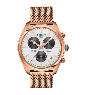 Tissot T Classic PR 100 Chronograph Silver Dial Rose Gold Mesh Bracelet Watch For Men - T101.417.33.031.01