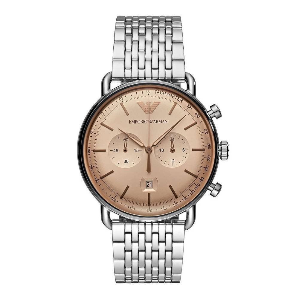 Emporio Armani Aviator Chronograph Beige Dial Silver Steel Strap Watch For Men - AR11239