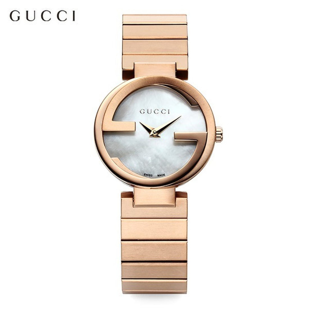 Gucci G Interlocking Mother of Pearl Dial Rose Gold Steel Strap Watch For Women - YA133515