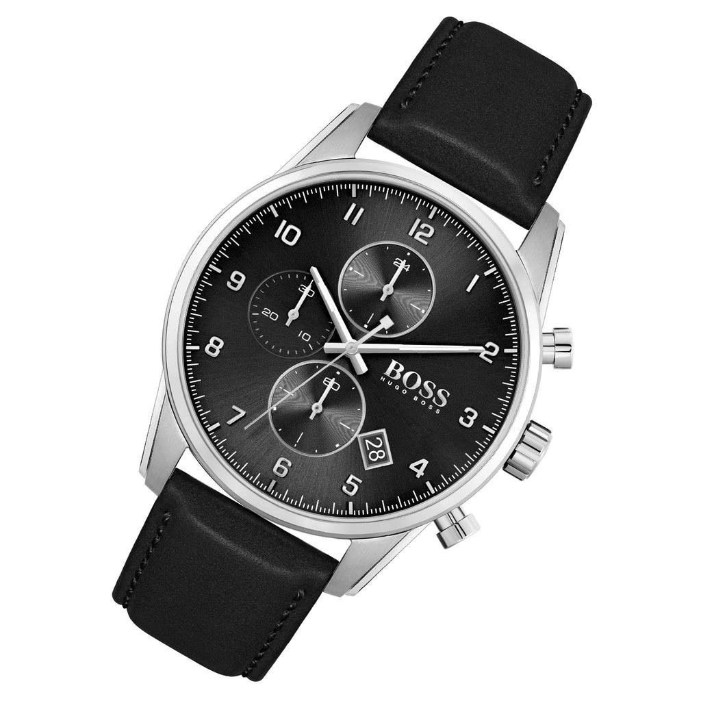 Hugo Boss Skymaster Black Dial Black Leather Strap Watch for Men - 1513782