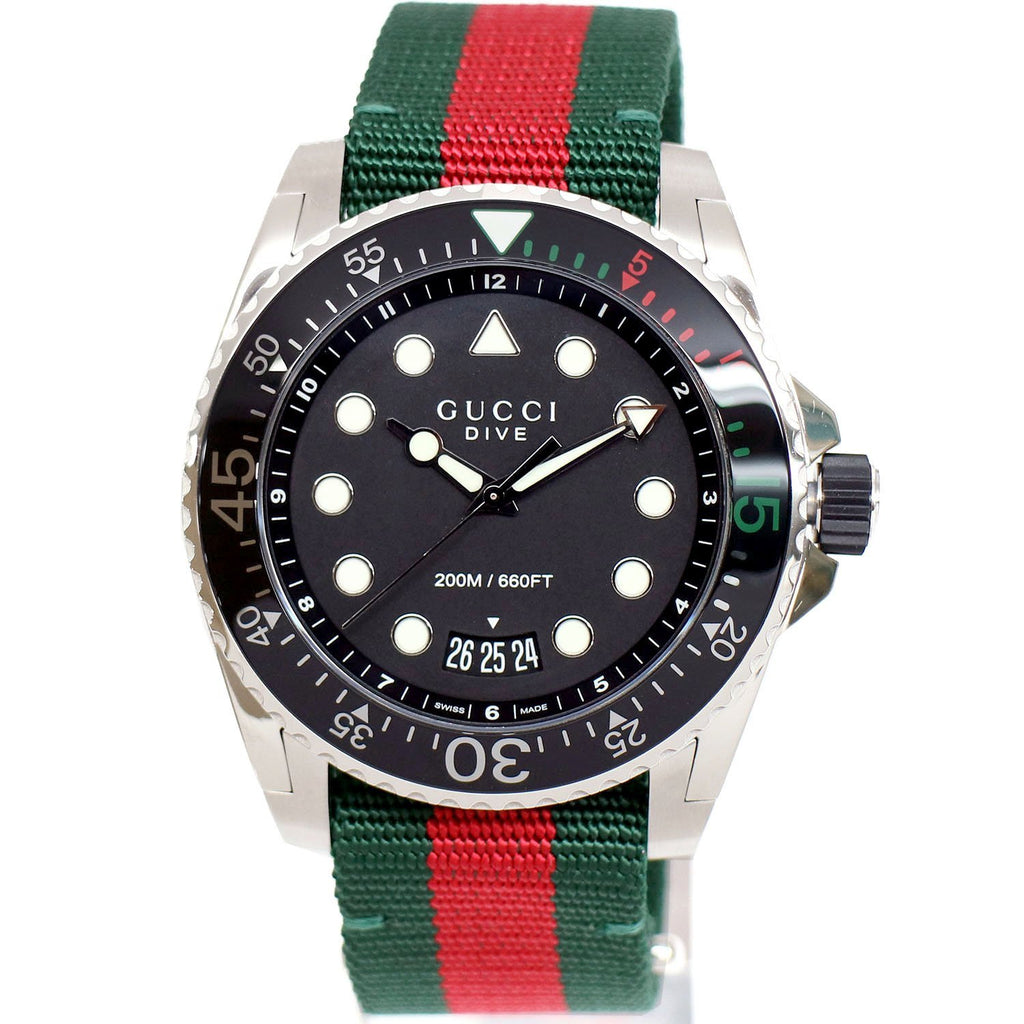 Gucci Dive Black Dial Red & Green Nylon Strap Watch For Men - YA136209