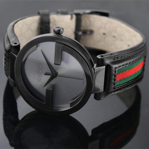 Gucci Interlocking G XL Black Dial Red & Green Leather Strap Watch For Men - YA133206