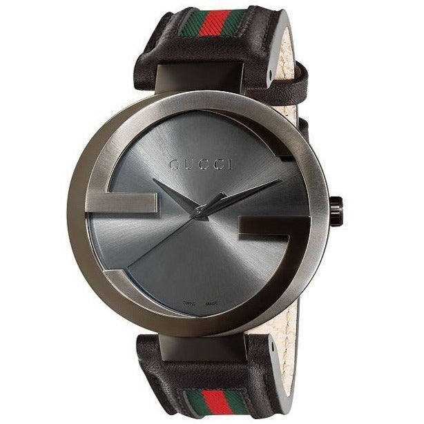 Gucci Interlocking G XL Black Dial Red & Green Leather Strap Watch For Men - YA133206