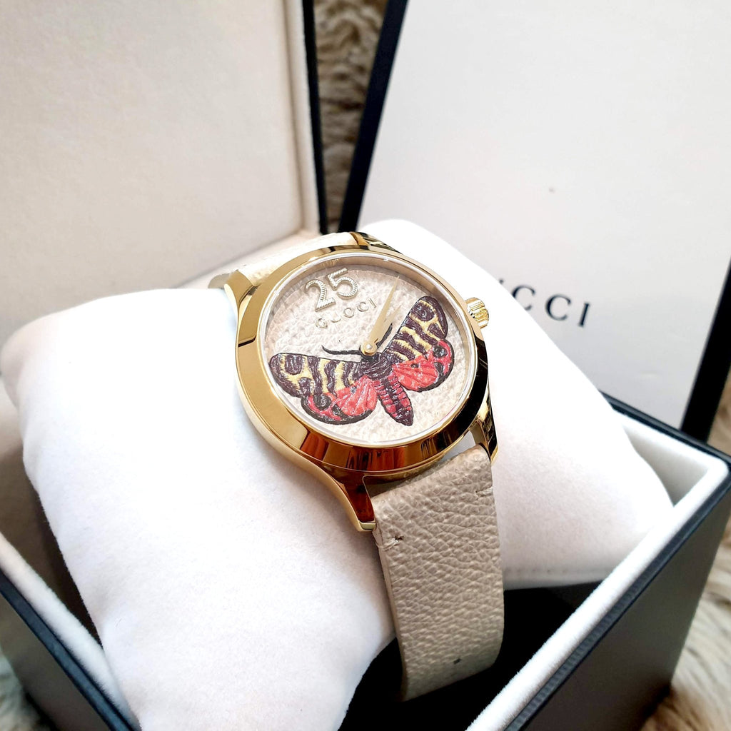 Gucci G Timeless Butterfly White Dial White Leather Strap Watch For Women - YA1264062