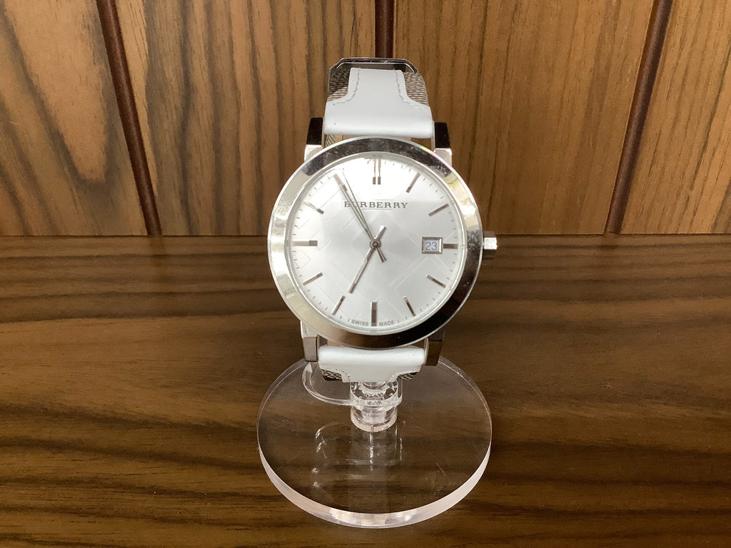 Burberry The City Silver Dial White Leather Strap Watch for Women - BU9019