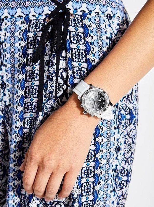 Guess Confetti Crystal Black Dial White Silicone Strap Watch For Women - W1098L1