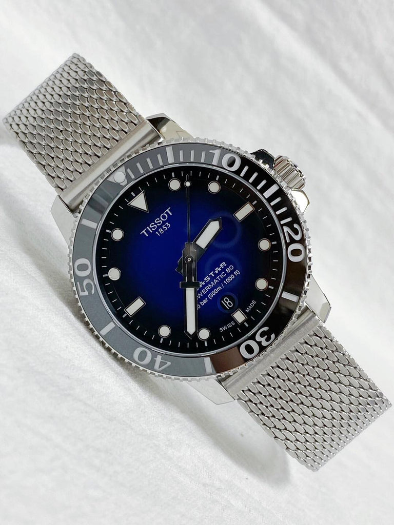 Tissot Seastar 1000 Powermatic 80 Blue Dial SIlver Mesh Bracelet Watch For Men - T120.407.11.041.02