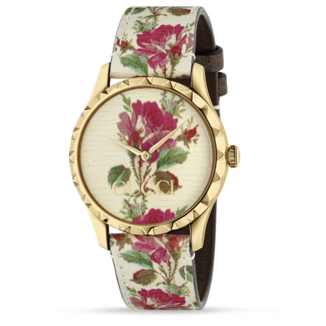 Gucci G Timeless Floral Gold Dial White Leather Strap Watch For Women - YA1264084