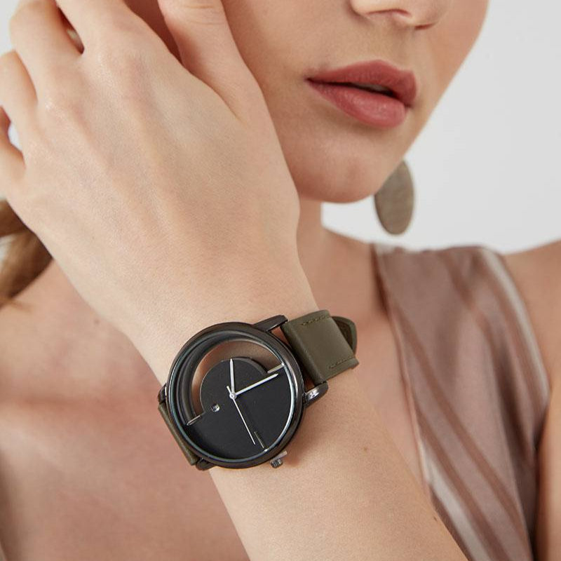 Marc Jacobs Tether Transparent Black Dial Black Leather Strap Watch for Women - MBM1379