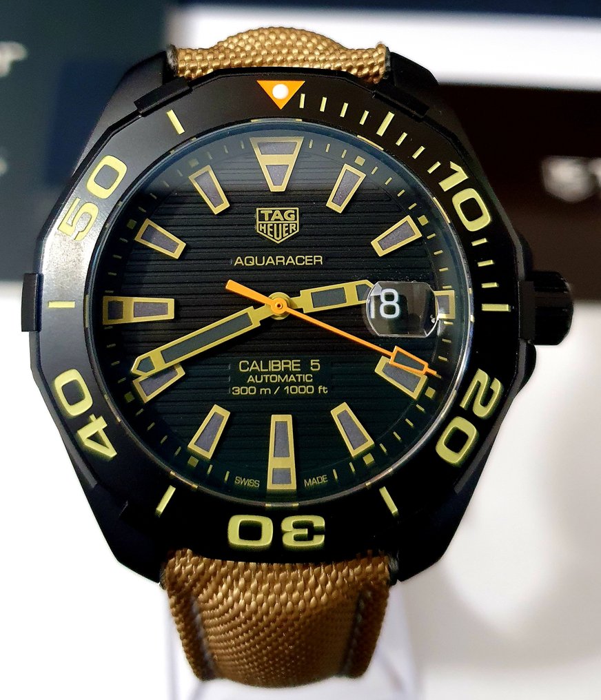 Tag Heuer Aquaracer 300 Calibre 5 Automatic Black Dial Brown Nylon Strap Watch for Men - WAY208C.FC6383