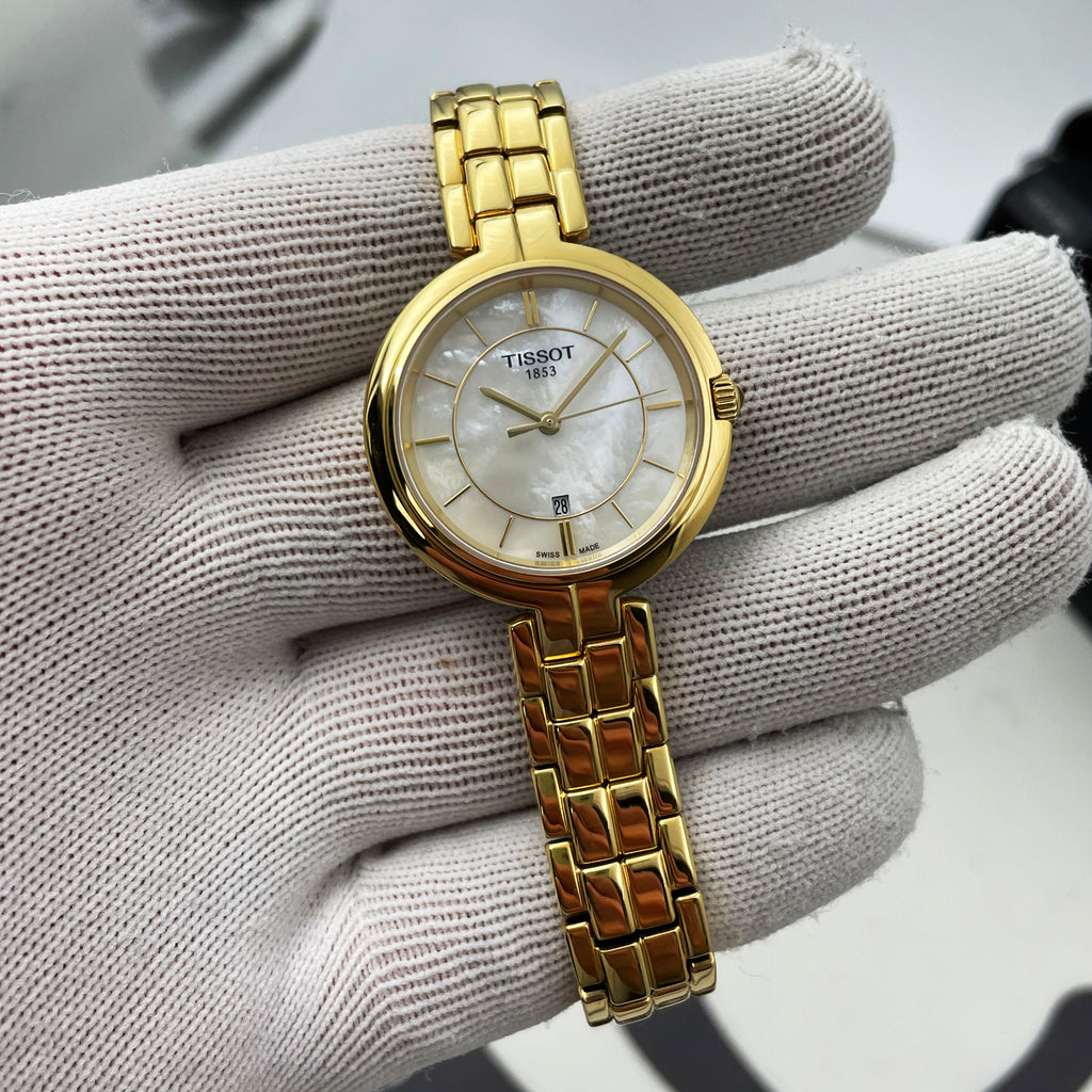 Tissot Flamingo Mother of Pearl White Dial Gold Steel Strap Watch For Women - T094.210.33.111.00